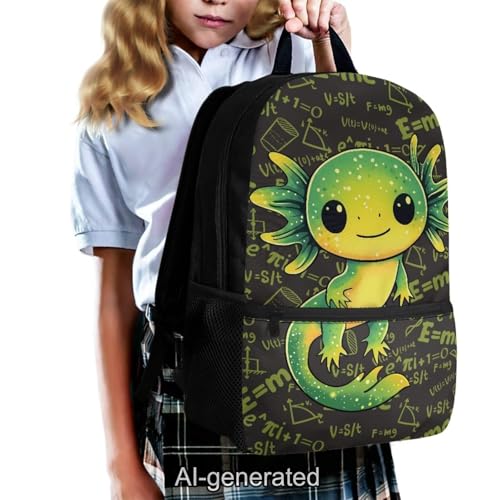 Green Axolotl School Backpack Set 5 Pieces with Lunch Bag Pencil Case and Water Bottle Holder for Kids Girls Boys Elementary and Middle School - color: Green Axolotl