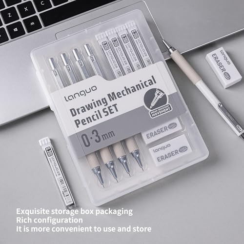 languo 0.3mm Mechanical Pencil Set with Case, 4PCS Drafting Mechanical Pencils Kit – 4 Tubes HB Lead Refills, 3 Erasers, Ideal Pencil Set for Writing & Drawing - style: 0.3mm