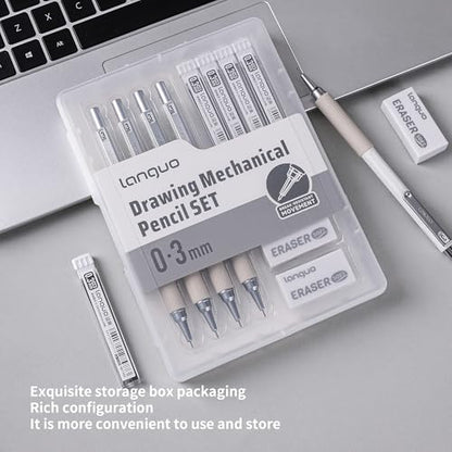 languo 0.3mm Mechanical Pencil Set with Case, 4PCS Drafting Mechanical Pencils Kit – 4 Tubes HB Lead Refills, 3 Erasers, Ideal Pencil Set for Writing & Drawing - style: 0.3mm