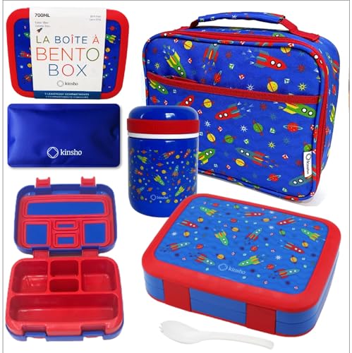 Bento Box with Thermo Stainless Steel Food Jar for Hot-Cold Food or Soup, Insulated Lunch Bag & Ice Pack Set for Kids or Toddlers. Ages 3-7, Blue Space Rockets - color: Blue Red rockets