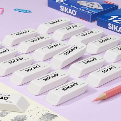 White Erasers, 12 Pack Pencil Erasers | Latex-Free & Smudge-Free Beveled Rubber Erasers for School Supplies, Classroom, Tests & Homework - style: White