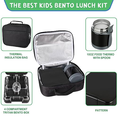 Pawtong Bento Lunch Box Set With 10oz Soup Thermo, Leak-proof Lunch Containers with 4 Compartment, Kids Hot Thermo Food Jar/Insulation Lunch Bag, Food Containers for School (Black) - color: Black