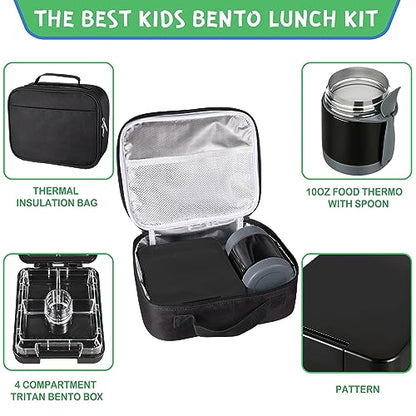 Pawtong Bento Lunch Box Set With 10oz Soup Thermo, Leak-proof Lunch Containers with 4 Compartment, Kids Hot Thermo Food Jar/Insulation Lunch Bag, Food Containers for School (Black) - color: Black