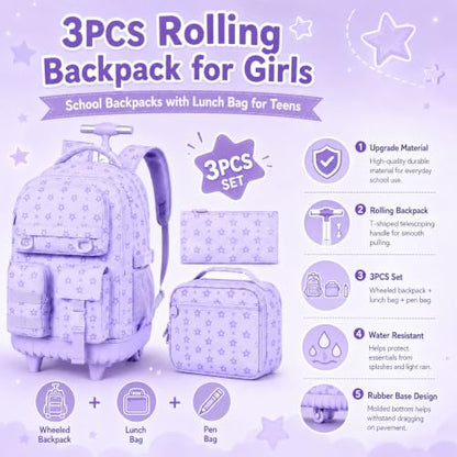 WZLVO 3PCS Rolling Bookbag, Water Resistance Girls Wheeled Backpack, Women Aesthetic Roller School Bag Set with Lunch Box & Pencil Bag for Teens & Kids - Purple Star - color: 3pcs Girls Rolling Backpack - Purple Star