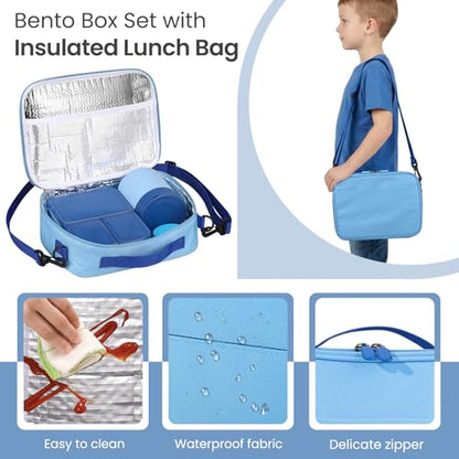 HWONMTE Bento Lunch Snack Boxes Set for Kids Reusable Food Containers with Insulated Lunch Bag, Sauce Box,Removable Dividers for Toddler Girls Boys Teens to School,Travel - color: Blue Set