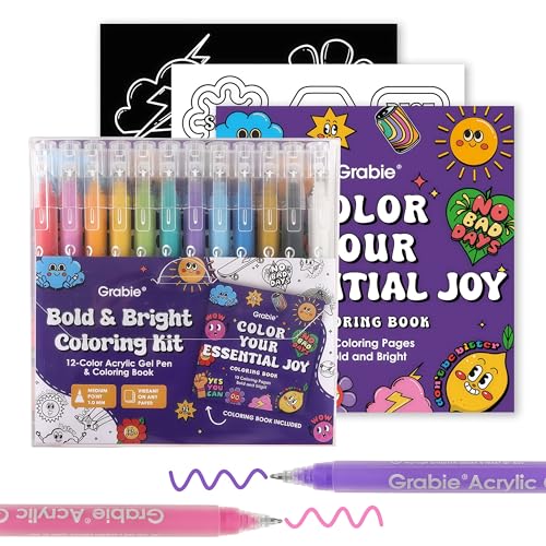Grabie Coloring Kit, Acrylic Gel Pens Set with Coloring Book, 1.0mm Medium Tip Opaque Gel Pens for Adult Coloring Books, Drawing, Journaling, Planner, Art Supplies Gift Set of 12 Essential Colors - color: Essential Colors