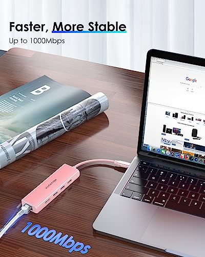 LENTION USB C Hub with Gigabit Ethernet Adapter, 4K HDMI, 3 USB 3.0 Port for MacBook Pro, New Mac Air, Surface, Chromebook, More, Stable Driver Certified (CB-C25, Rose Gold)