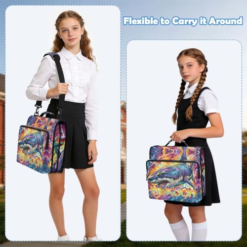 Custom Binder Bag Personalized Fire and Lightnbing Shark 3 Ring Zipper Binder Bag with Laptop Pockets and Shoulder Strap Tote Binders Organizer Case for School Office - color: Custom Shark