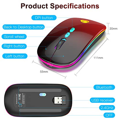 CC Store LED Wireless Mouse, Bluetooth Mouse &2.4GHz Instant Connection,Rechargeable Ultra Silent Slim,3 DPI 2 Connection Modes with USB-C to USB Adapter for Laptop/MacBook/PC/Tablet/iPad (Black-red) | Bluetooth mouse with 2.4GHz USB receiver, silent slim