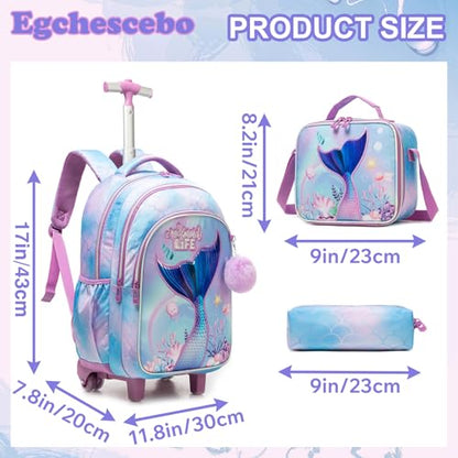Kids Rolling Backpack for Girls Trolley Suitcases Luggage Travel with Wheels Bookbag Wheeled 17" 3PCS Roller Backpacks Toddler Back Pack School Bags Set for Elementary Mermaids Sky Blue - color: 5225-yuweiba-sky Blue