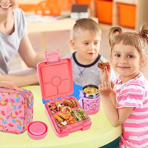 Pawtong Bento Lunch Box Set With 10oz Soup Thermo, Leak-proof Lunch Containers with 4 Compartment, Kids Hot Thermo Food Jar/Insulation Lunch Bag, Food Containers for School（Rainbow） - color: Pink-Rainbow