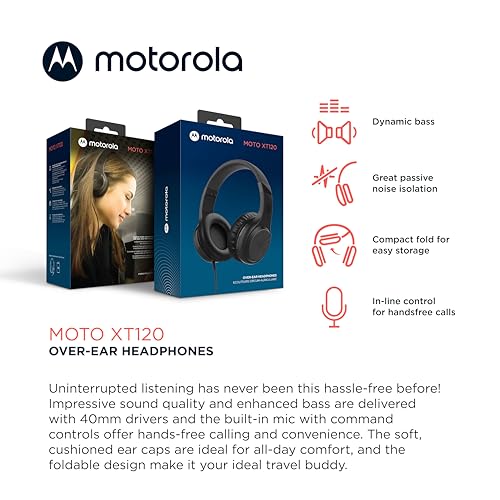 Motorola Sound Moto XT120 Over Ear Headphones Wired with Microphone, in-Line Command Control for Calls - Foldable Wired Headphones with Adjustable Cushioned Headband, Dynamic Bass, 3.5mm Jack - Black - color: Black