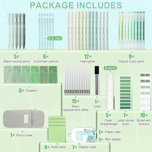 Eersida 74 Pcs Aesthetic School Supplies with Large Pencil Pouch 5 Ink Gel Pens 12 Highlighters 6 Mechanical Pencils 0.5mm 9 Color Pens 4 Note Pads Set for Student Stationary (Green,Nature Style) - color: Green, style: Nature Style