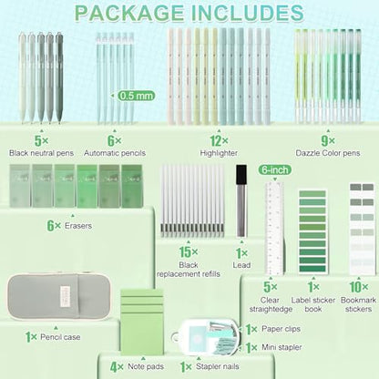 Eersida 74 Pcs Aesthetic School Supplies with Large Pencil Pouch 5 Ink Gel Pens 12 Highlighters 6 Mechanical Pencils 0.5mm 9 Color Pens 4 Note Pads Set for Student Stationary (Green,Nature Style) - color: Green, style: Nature Style