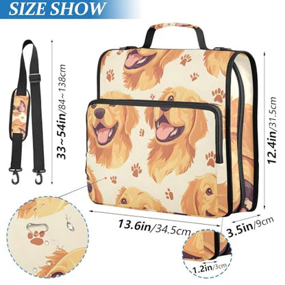 3 Ring Zipper Binder with Shoulder Strap Golden Retriever Face Pattern 1.5 inch Binders Keeper Large Capacity Multi Pockets for School Office Supplies