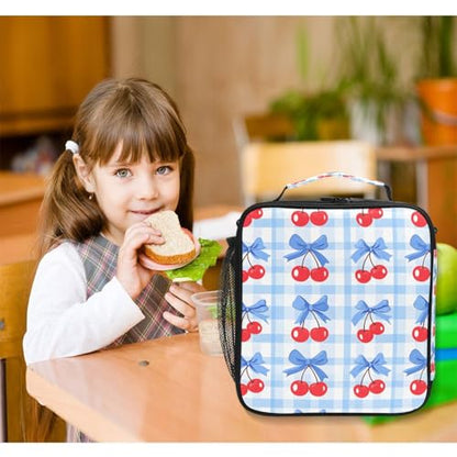 ALAZA Cherry Blue Bow Lunch Box Insulated Lunch Bag Kids Cooler Tote Bag Freezable Shoulder Strap Lunchbox for Girls School Picnic - color: Multi50