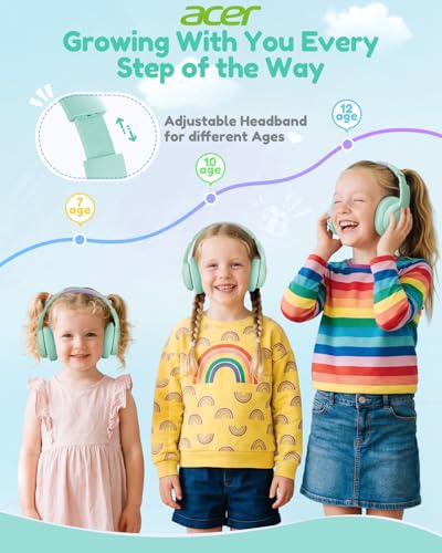 acer Kids Bluetooth Headphones, Over Ear Headphone for Kids with Mic, 75H Playtime, 85dBA Safe Volume, Bluetooth 6.0, USB C Fast Charging, Toddler Headphones for iPad/Tablet/Travel/School-Green Purple | 75H Playtime, Bluetooth 6.0, 3.5mm Jack Aux Cord, 85