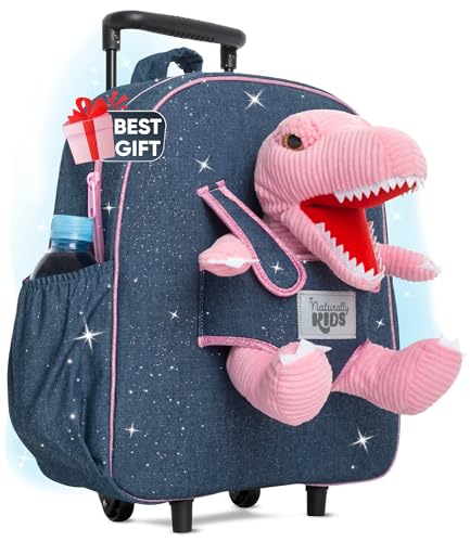 Toddler Luggage w Pink Dinosaur Toys, Kids Rolling Backpack for Girls, Boys, Toddler Suitcase, Gifts for 3 4 5 6 Year Old - color: 02 Dinosaur Pink, style: Trolley