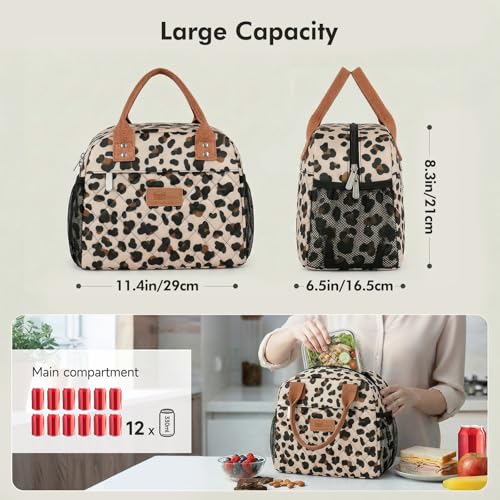 HOMESPON Insulated Lunch Bag for Women Men, Cooler Tote Box, Beige Leopard | Front Pocket, Side Mesh Pockets, Reusable, for Work, Picnic, Food Container - color: Leopard Print