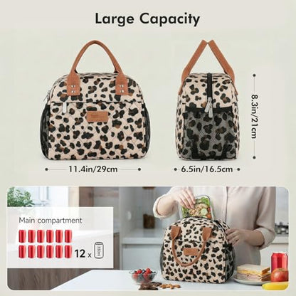 HOMESPON Insulated Lunch Bag for Women Men, Cooler Tote Box, Beige Leopard | Front Pocket, Side Mesh Pockets, Reusable, for Work, Picnic, Food Container - color: Leopard Print