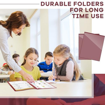 Henoyso 24 Pcs School and Home 2 Pocket Folders with 4 Clear Inner Pockets Plastic Heavy Duty Homework Folders Parent Teacher Communication for Student Home Office Classroom,11 x 9 Inch (Dark Red) - color: Dark Red