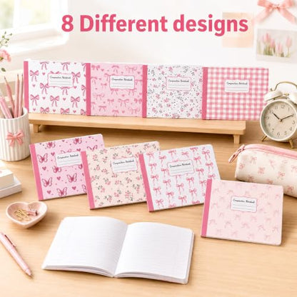 16 Pack Mini Composition Notebooks Bulk College Ruled 7.4'' x 4.7'' Pink Bow Half Size Composition Books 80 Pages Small Pocket Journal Books Back to School Gift for Student Teacher Office Supplies - color: Pink Bow