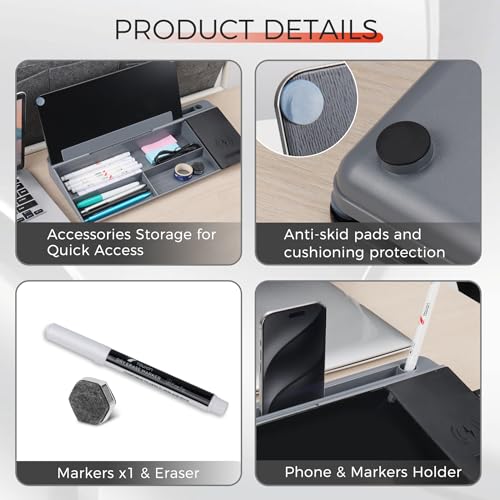 TOWON Glass Desk Whiteboard 16x7 in, Wireless Charger and Storage, Black | Desktop whiteboard with charging pad and phone stand. Tempered glass dry erase. Marker and eraser included. - color: Charger Black