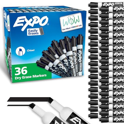 EXPO Dry Erase Markers, Low Odor Ink, Black, Chisel Tip, 36 Count - Easily Erases, Ideal for Classroom, Home, Office, Back to School, Teacher Supplies - size: Chisel