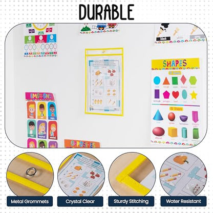 Essex Wares - 6 Pack, Yellow, Dry Erase Pocket Document Protectors, 10" Wide x 13.5" Tall - Dry Erase Clear Plastic Sleeves - Reusable & Easy Erase Plastic Invoice Holders, Water-Resistant & Durable - color: Yellow