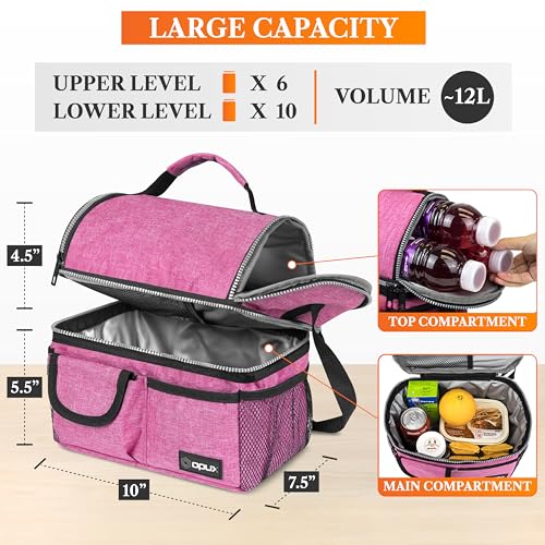 opux Insulated Lunch Bag Women Men, Dual Compartment Leakproof Lunch Box Adults Kids, Double Decker Meal Prep Bento Lunch Cooler Tote with Shoulder Strap for Work Office School Travel, Pink - color: Heather Pink