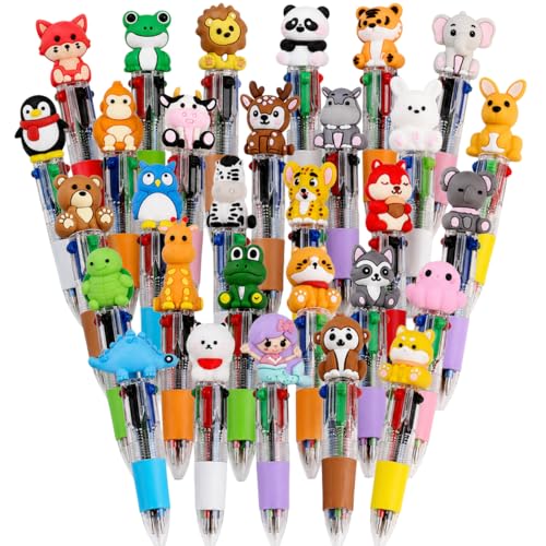 30 Pack Animal 4 Color Pens, Cute Mini Multicolor Ballpoint Pens with Assorted Animal Toppers, 4-in-1 Retractable Ink Pens for Writing, Journaling, Office Supplies, Party Favors and Gift Bags - color: Animal
