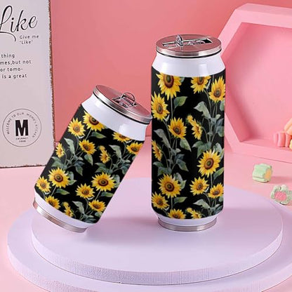 Spring Floral 10oz Stainless Steel Tumbler with Lid & Straw-Double Wall Vacuum Insulated Travel Mug Flowers Yellow Sunflowers Green Leaf Black Back Water Bottle Coffee Beverage Drinks Cup - size: 10 Ounces