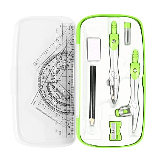 Vobou Math Geometry Sets 10 Pcs, Student Supplies Kit, for School (Green | Shatterproof Storage Box,Includes Rulers,Protractor,Compass,Eraser,Pencil Sharpener,Lead Refills,Pencil, for Drafting - color: Green