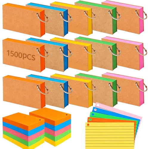 1500 Pcs Index Cards with Rings, 3x5 Inch Flash Cards Bulk with Holder | for Studying, Colorful Notecards Lined for Office, Home, School Supplies College, Ruled Index Cards, Double Sided (5 Colors) - color: 1500 Pcs (5 Colors)