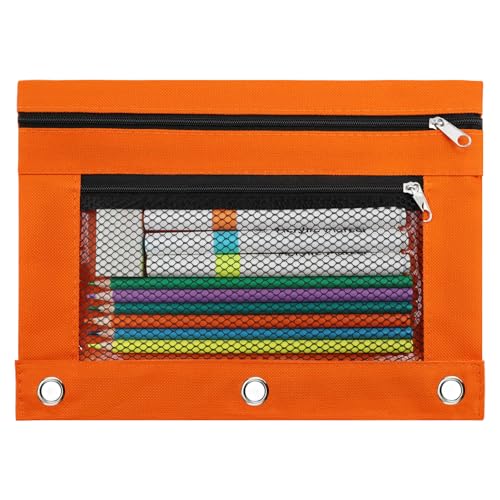 3 Ring Pencil Pouch for Binder, 2-Pocket Zipper Pencil Case with Clear Window & Mesh Pocket, Heavy Duty 600D Oxford Fabric Binder Pouch for School Office Supplies, Fits Standard 3-Ring Binders, Orange - color: Orange