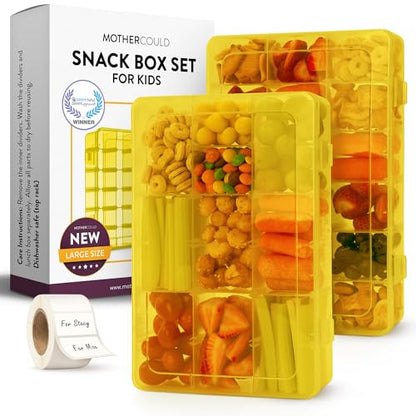 Large Kids Snack Box Containers Set of 2 -100 Labels, BPA-Free, Adjustable Compartments, Dishwasher Safe, Reusable Tray, Food Grade, Meal Prep Container, PARENT TESTED PARENT APPROVED AWARD (Yellow) - color: Yellow, size: Large