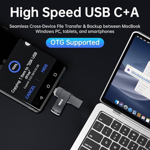 SSK 128GB USB Flash Drive,Up to 450MB/s Read,2 in 1 USB C+A Thumb Drive | USB 3.2 Gen 2 Memory Stick, 1GB in 2.3s, Zinc Alloy Keyhole, for iPhone 15/16/17, Android, Laptop, Car Audio - size: 128GB