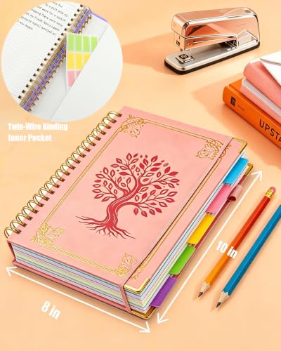 Hardcover Spiral Notebook Journal with Removable Dividers Tabs, 5 Subject Notebooks for Work School, 300 pages 8"x10" B5 leather Journal College Ruled, Cute Journal for women, Pink - color: Pink