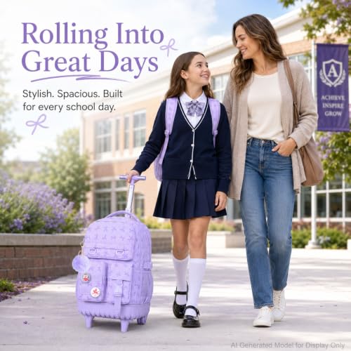 WZLVO 3PCS Girls Rolling Backpack, Water Resistance Roller Bookbag, Women Aesthetic Wheeled School Bag Set with Lunch Box & Pencil Bag for Teens & Kids - Purple Bow - color: 3pcs Girls Rolling Backpack - Purple Bow