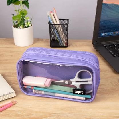 ZIPIT Half & Half Pencil Case for Girls, 3 Compartment Zipper Pouch for School, Stationery Bag for Teen and Adults, Purple - color: Light Purple