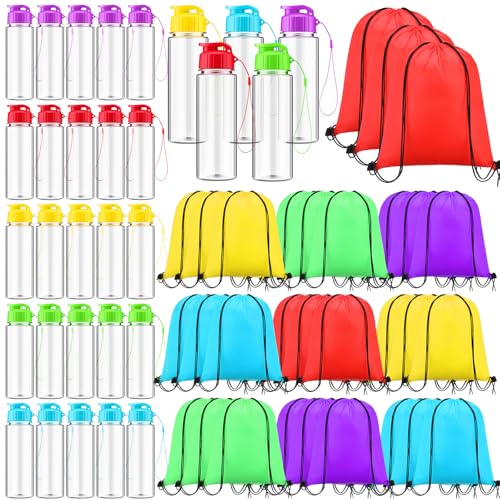 60 Pieces 17 oz Plastic Water Bottles Bulk and Drawstring Backpack Set for School 30 Reusable Plastic Biking Water Bottle 30 Sport Gym Goodie Gift Bag for Summer Party Outdoor Gym Travel - color: Multicolors, size: Transparent