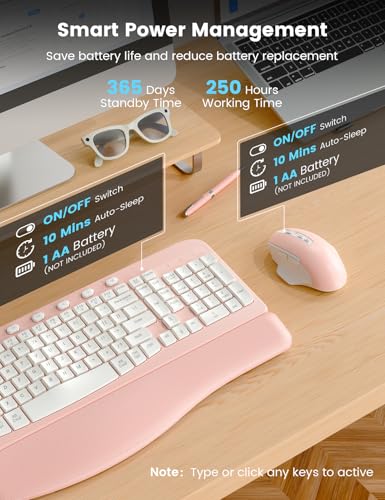SABLUTE Wireless Keyboard and Mouse Combo with Ergonomic Wave Key | Leather Soft Palm Rest, 2.4G Full Size, 6-Button Mouse, 4-Level DPI, USB-A/C, MA12 Set for PC, Laptop, Windows, macOS (Pink） - color: Blush Pink