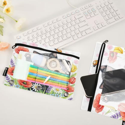 Gredecor 3 Ring Binder Pencil Pouch, Black Kitten Ladybug Poppy Zippered Pen Case Pouches with Clear Window, 2 Pack Stylish Office & School Supplie - color: Black Kitten Ladybug Poppy