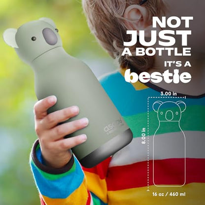 asobu Bestie Bottle Insulated Stainless Steel Water Bottle with Detachable Soft Animal Head Fun Drinking For Kids and Teens with Flexible Reusable Straw 16 Ounce (Koala) - color: FINN THE KOALA