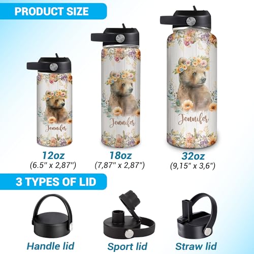 Hyturtle Personalized Bear Water Bottle - Travel Insulated Stainless Steel Bottle with Leak-Proof Lid 18oz 32oz - Cute Animal Gift for Women, Girls, Bear Lovers - Birthday & Christmas Gift - color: Bear