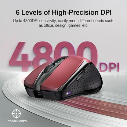 TECKNET Wireless Mouse, BT 5.0/2.4G, Rechargeable 6-DPI Silent, Red | Bluetooth 5.0/3.0 & USB A, 2-Device Easy Switch, Wide OS Compatible, 6 Buttons, 6-DPI up to 4800, Ergonomic for S to M Hands - color: Red