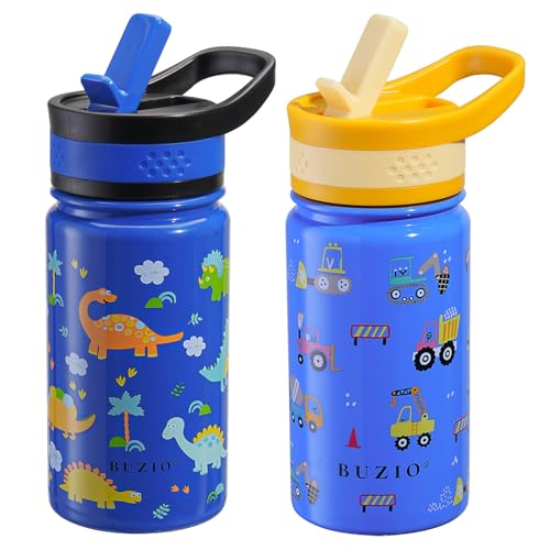 2 Pack Insulated Kids Water Bottle, BUZIO 14oz Stainless Steel Water Bottles with Tritan Straw Lid, BPA-FREE Lead-Free Double Wall Leak Proof Drink Cups Flask for School (Blue Car +Blue Dinosaur) - color: Blue/Blue