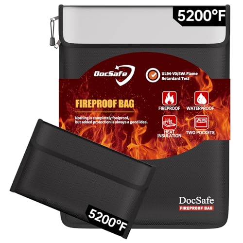 DocSafe Fireproof Document Bag (5200℉) with Fireproof Organizer Travel Case,Heat Insulated Fire＆Water Resistant 8 Layers Safe Money Bag Storage for Important Documents,Cash,Power Bank,Valuables,Black - color: Black