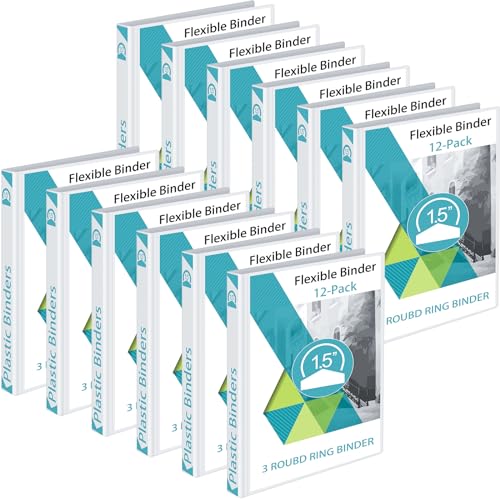 Fulmoon 12 Pcs Economy View 3 Ring Plastic Binder 12.2 x 9.8 Inch Plastic Round Ring Binders with Pockets Notebinder for Meetings for Home, Office, School(White, 1.5 Inch) - color: White, size: 1.5 Inch