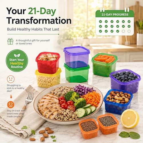 FIXBODY 7PCS Portion Control Containers, Color-Coded Labeled, 21 Day Lose Weight System (Use Guide, 21 Day Tracker and Recipe Ebook Include)